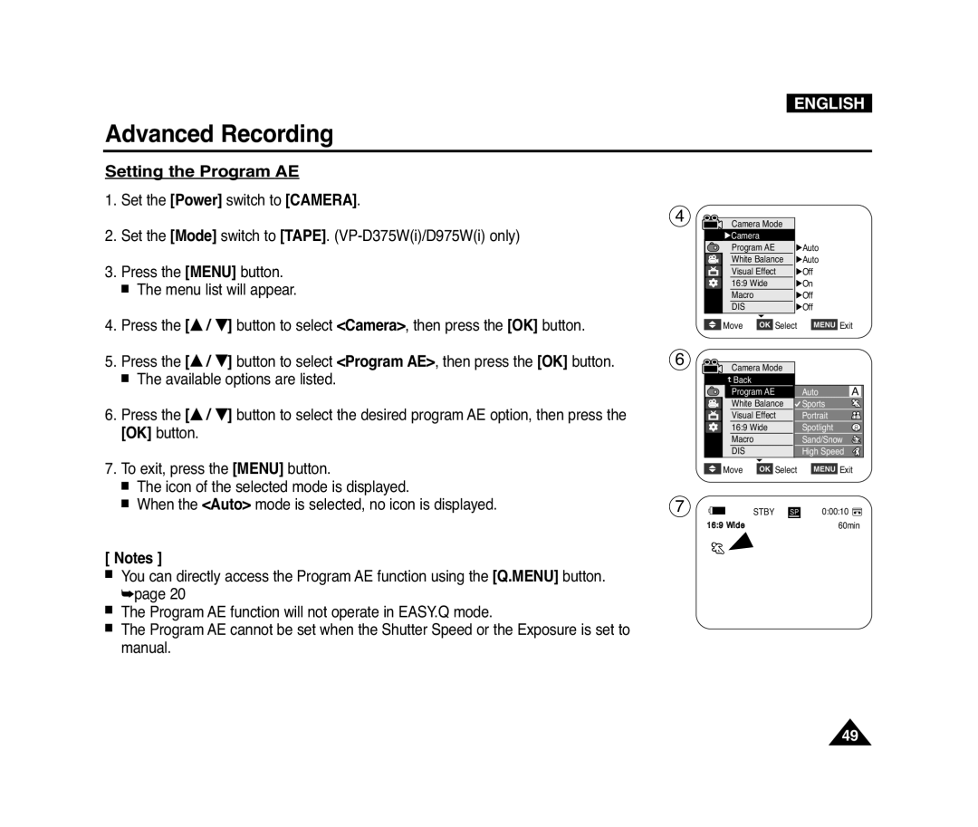 Samsung D975W(i), VP-D371(i), D372WH(i), D371W(i) manual Setting the Program AE 