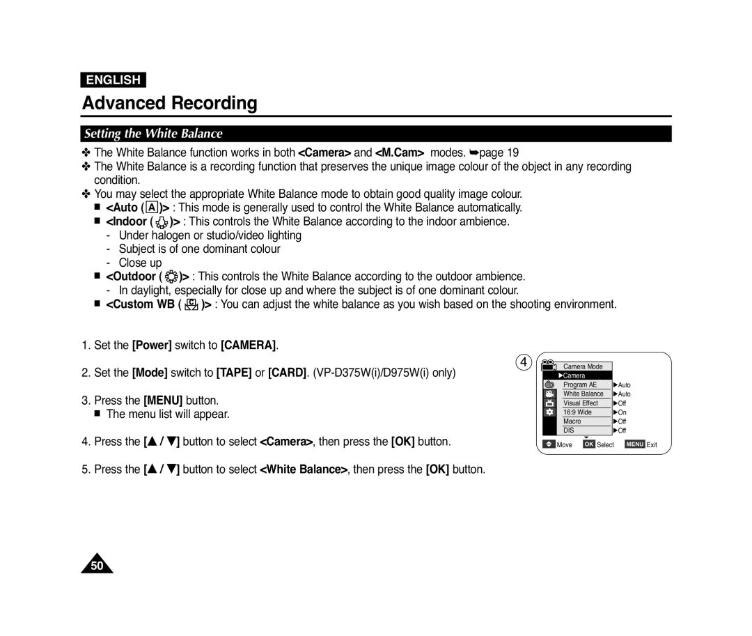 Samsung D372WH(i), VP-D371(i), D975W(i), D371W(i) manual Setting the White Balance 