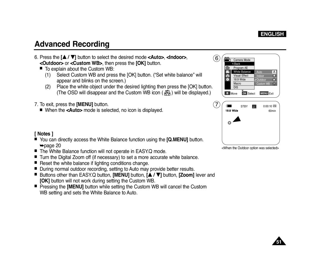 Samsung D371W(i), VP-D371(i), D975W(i), D372WH(i) manual Outdoor or Custom WB, then press the OK button 