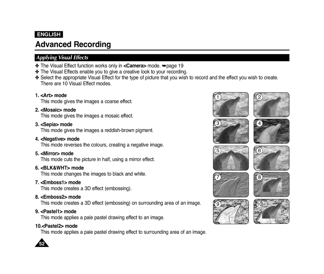 Samsung VP-D371(i), D975W(i), D372WH(i), D371W(i) manual Applying Visual Effects 