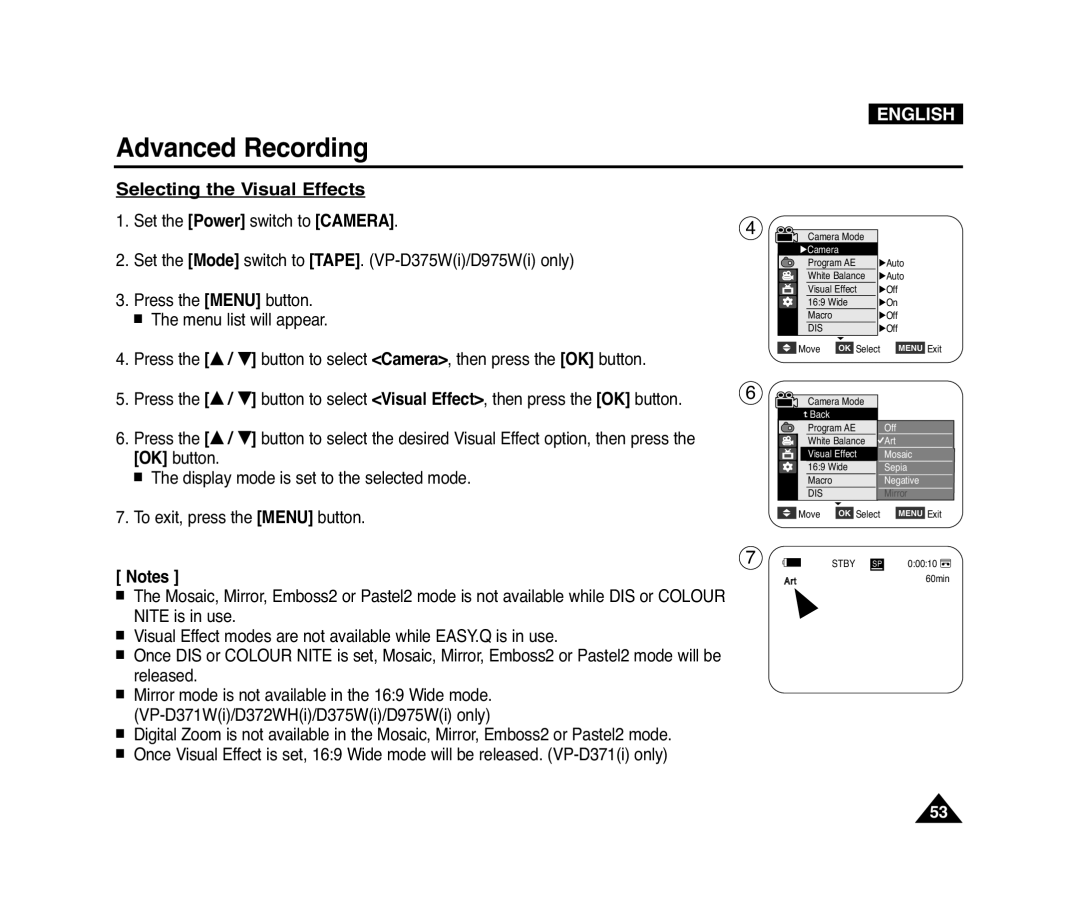 Samsung D975W(i), VP-D371(i), D372WH(i), D371W(i) manual Selecting the Visual Effects 