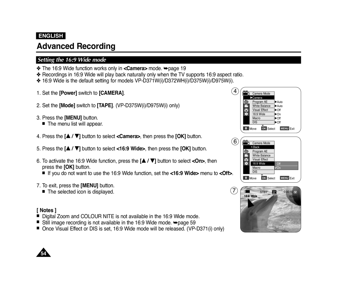 Samsung D372WH(i), VP-D371(i), D975W(i), D371W(i) manual Setting the 169 Wide mode 