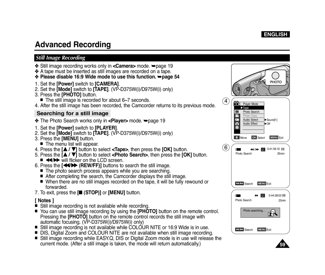 Samsung D371W(i), VP-D371(i), D975W(i), D372WH(i) manual Searching for a still image, Still Image Recording 