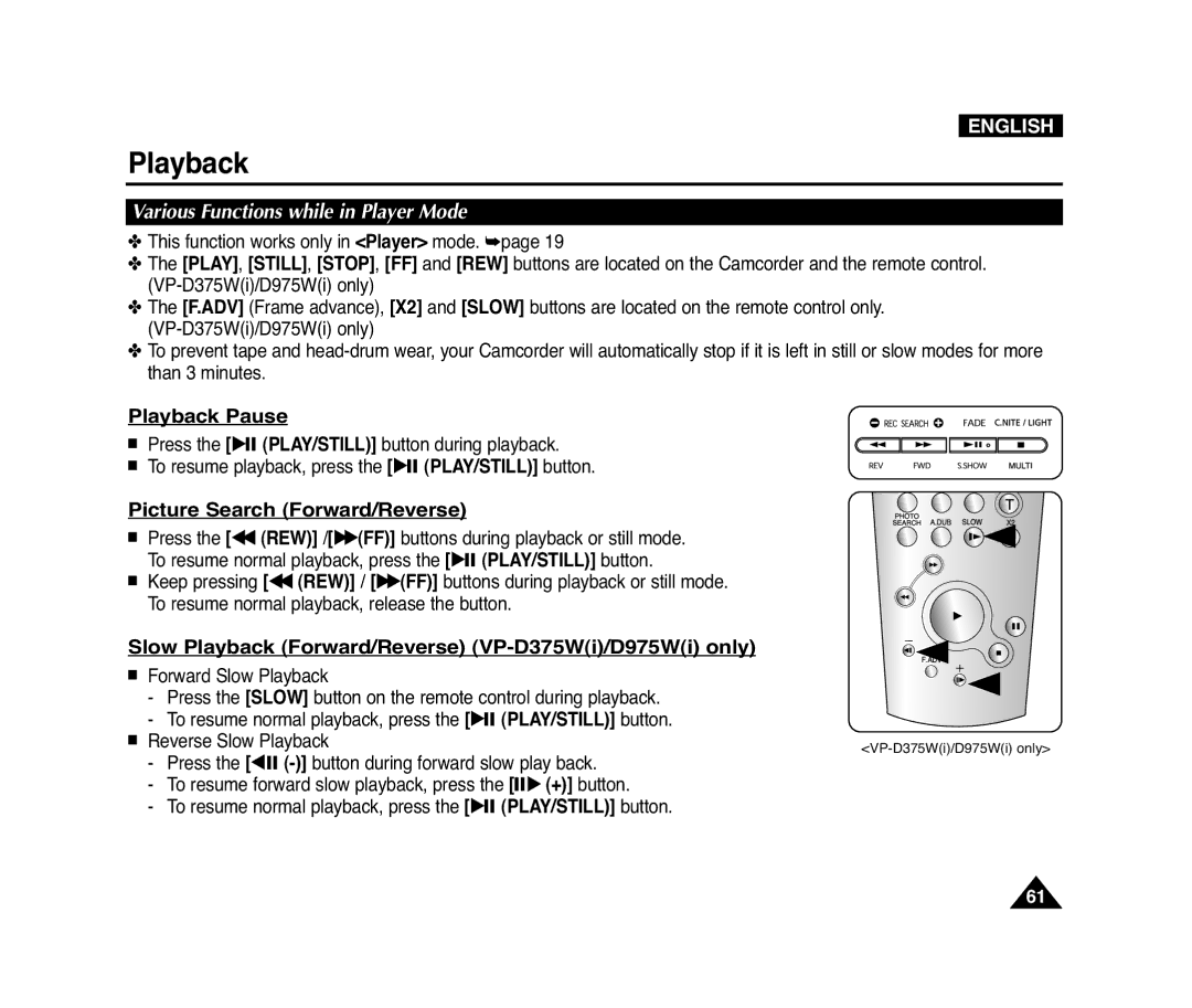 Samsung D975W(i) manual Playback Pause, Picture Search Forward/Reverse, Slow Playback Forward/Reverse VP-D375Wi/D975Wi only 