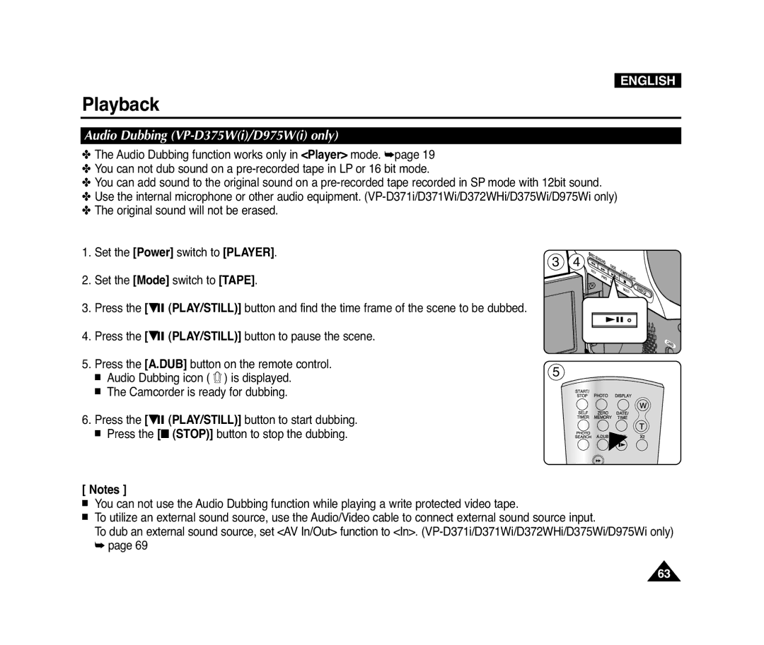 Samsung D371W(i), VP-D371(i), D975W(i), D372WH(i) manual Audio Dubbing VP-D375Wi/D975Wi only 