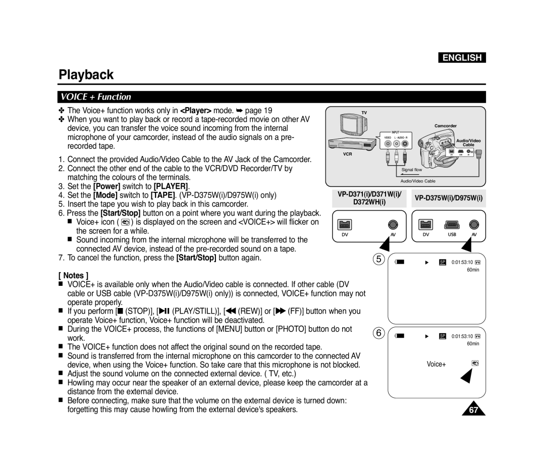 Samsung D371W(i), VP-D371(i), D975W(i), D372WH(i) manual Voice + Function 