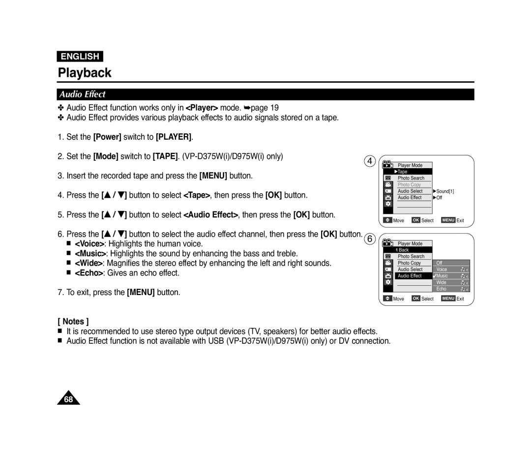 Samsung VP-D371(i), D975W(i), D372WH(i), D371W(i) manual Audio Effect 