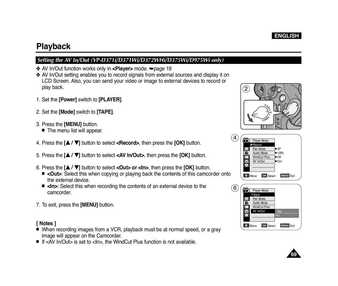 Samsung D975W(i), VP-D371(i), D372WH(i), D371W(i) manual AV In/Out Move OK Select Menu Exit 