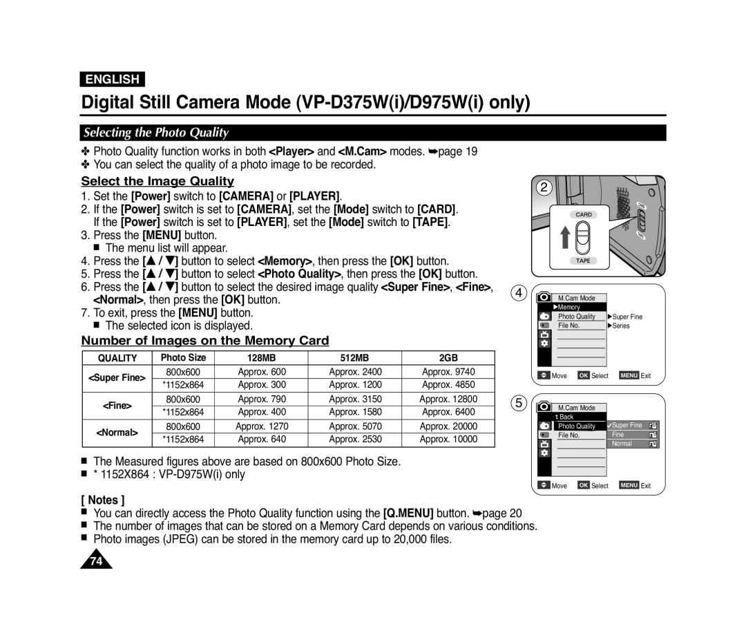 Samsung D372WH(i), VP-D371(i) Select the Image Quality, Number of Images on the Memory Card, Selecting the Photo Quality 