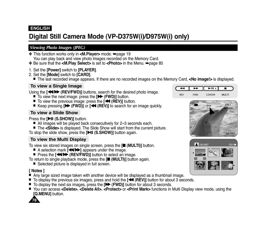 Samsung D372WH(i) manual To view a Single Image, To view a Slide Show, To view the Multi Display, Viewing Photo Images Jpeg 