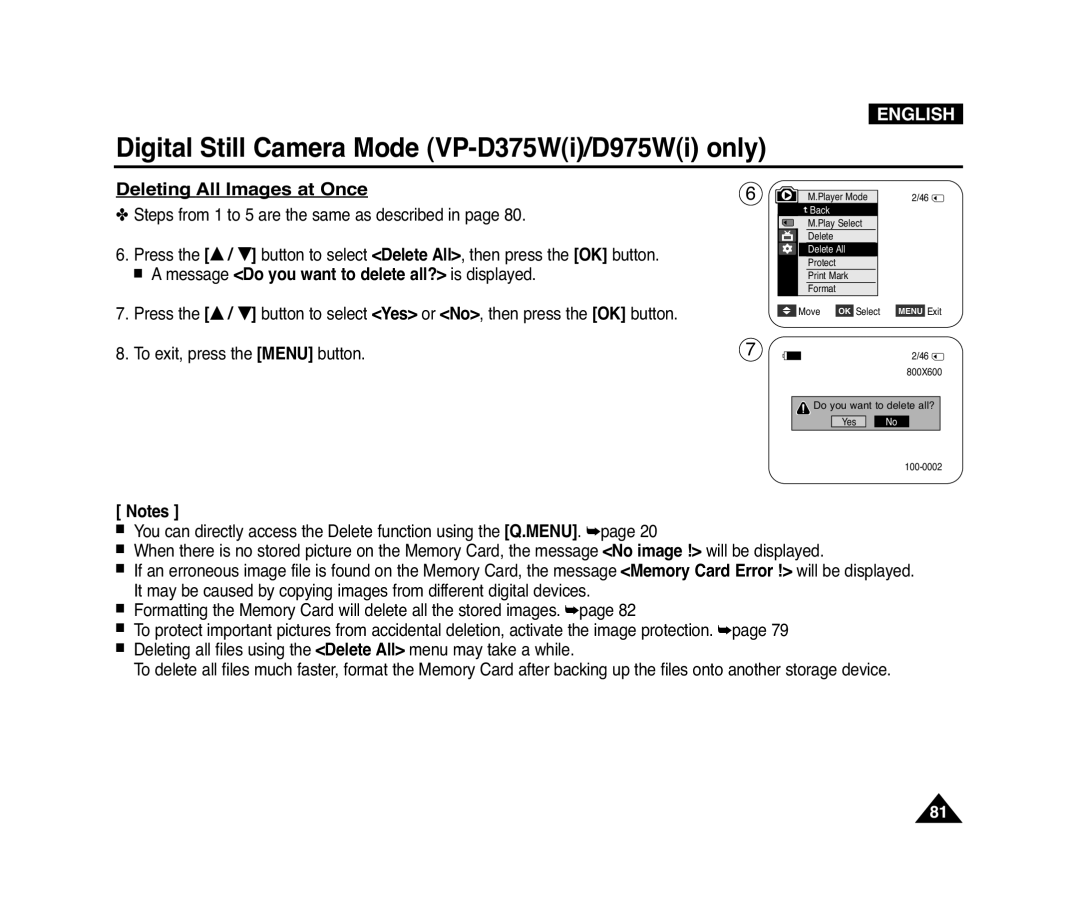 Samsung D975W(i), VP-D371(i), D372WH(i) manual Deleting All Images at Once, Message Do you want to delete all? is displayed 