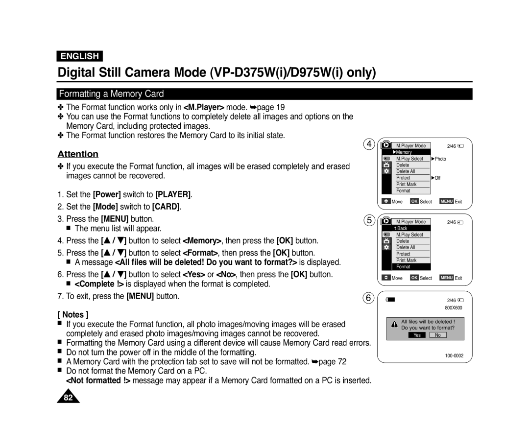 Samsung D372WH(i), VP-D371(i), D975W(i), D371W(i) manual Formatting a Memory Card 