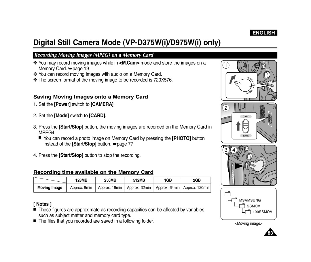 Samsung D371W(i), VP-D371(i), D975W(i) Saving Moving Images onto a Memory Card, Recording time available on the Memory Card 