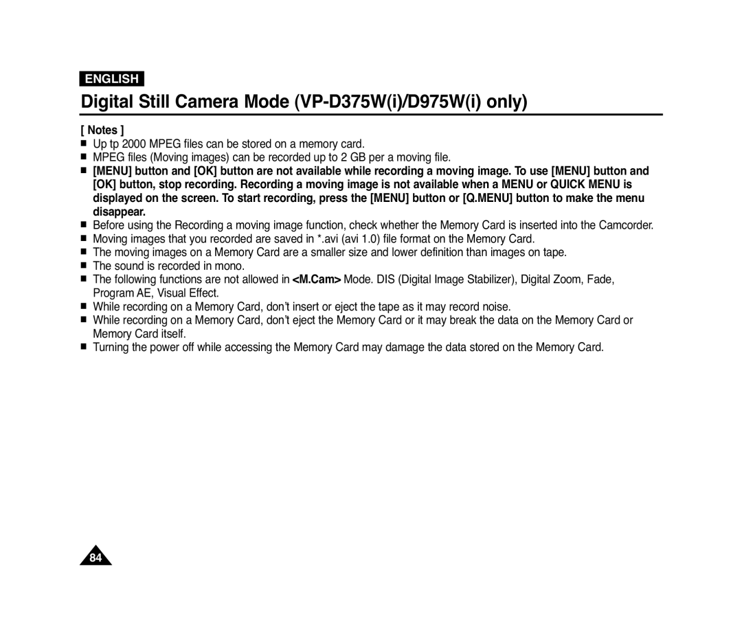 Samsung VP-D371(i), D975W(i), D372WH(i), D371W(i) manual Digital Still Camera Mode VP-D375Wi/D975Wi only 