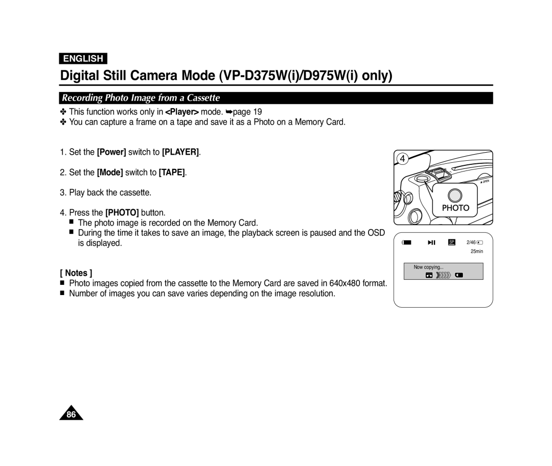 Samsung D372WH(i), VP-D371(i), D975W(i), D371W(i) manual Recording Photo Image from a Cassette 