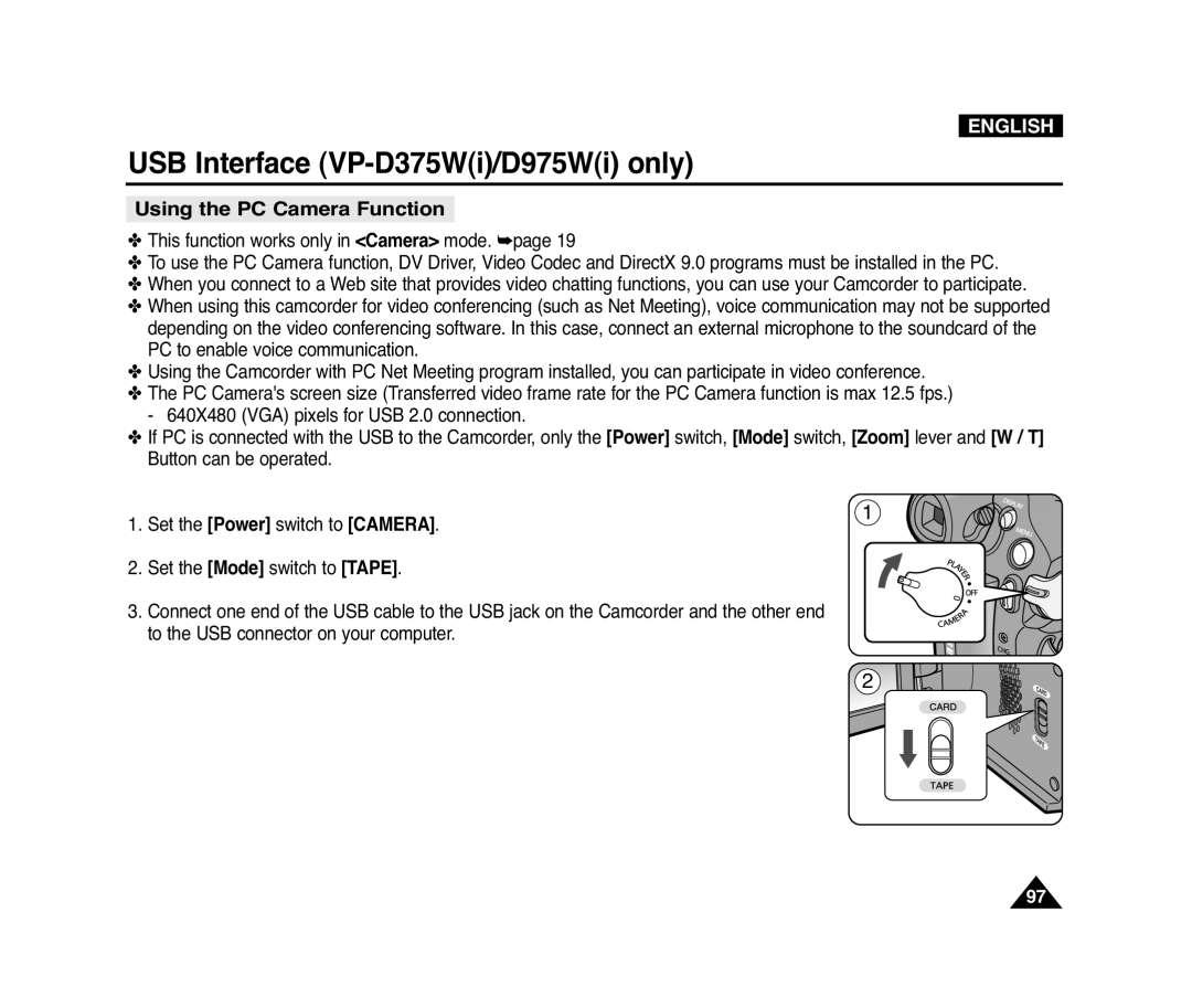 Samsung D975W(i), VP-D371(i), D372WH(i), D371W(i) manual Using the PC Camera Function 