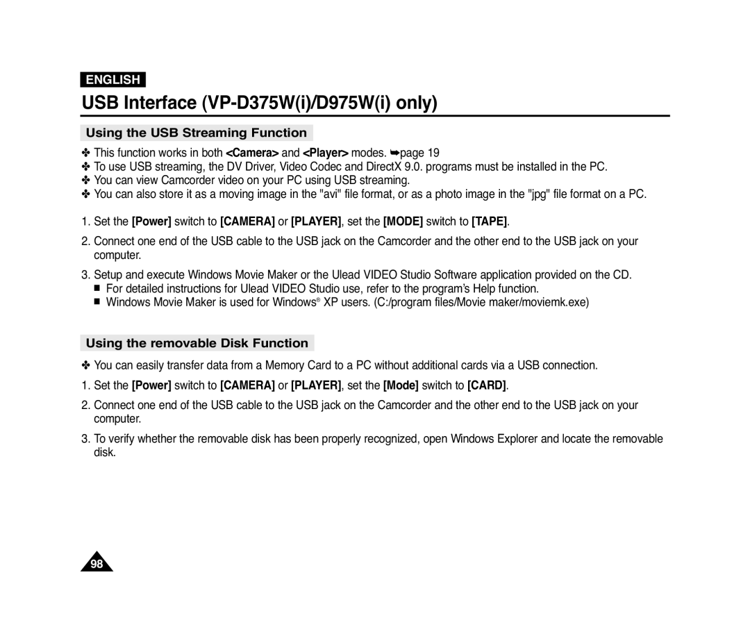 Samsung D372WH(i), VP-D371(i), D975W(i), D371W(i) manual Using the USB Streaming Function, Using the removable Disk Function 