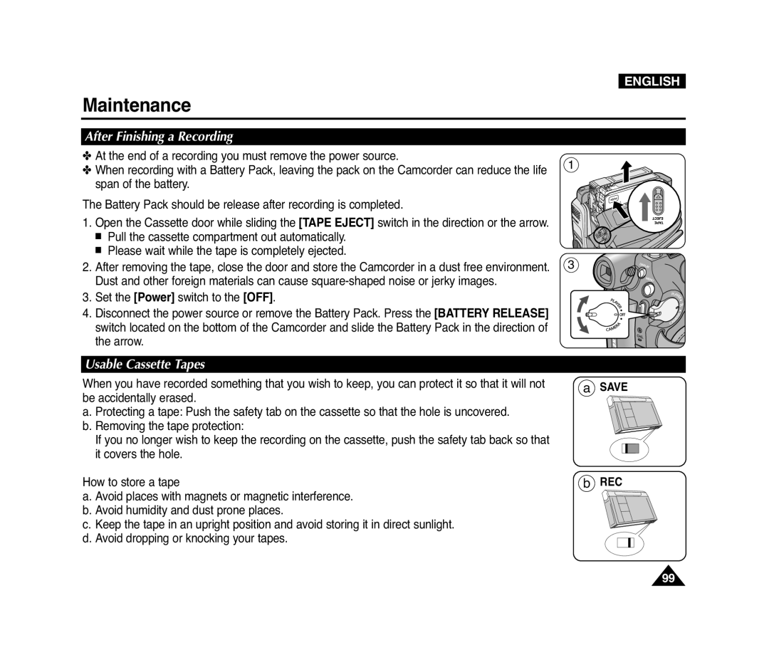 Samsung D371W(i), VP-D371(i), D975W(i), D372WH(i) Maintenance, After Finishing a Recording, Usable Cassette Tapes, Save REC 