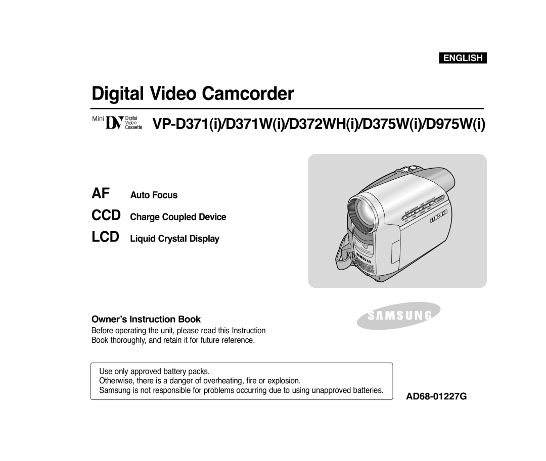 Samsung D975W(i), VP-D371(i) manual Owner’s Instruction Book, AD68-01227G, English, Digital Video Camcorder, Af Ccd Lcd 