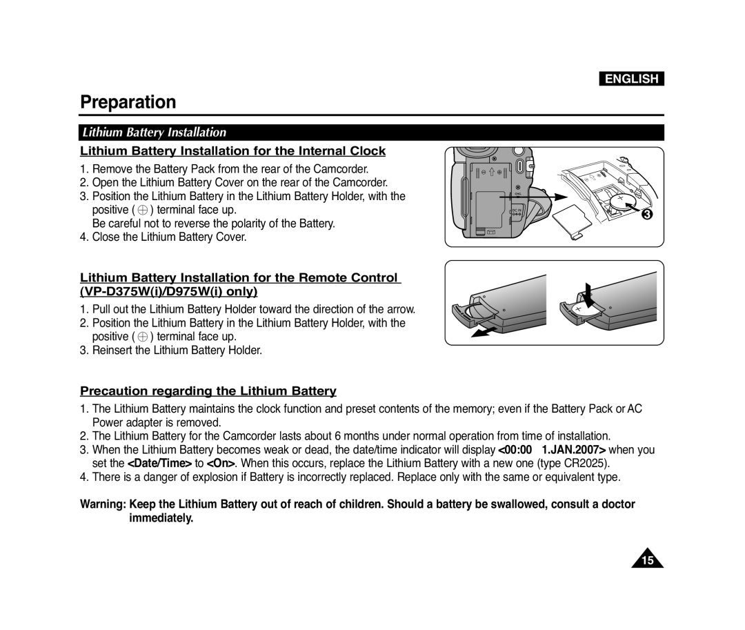 Samsung D371W(i) Lithium Battery Installation for the Internal Clock, Precaution regarding the Lithium Battery, English 