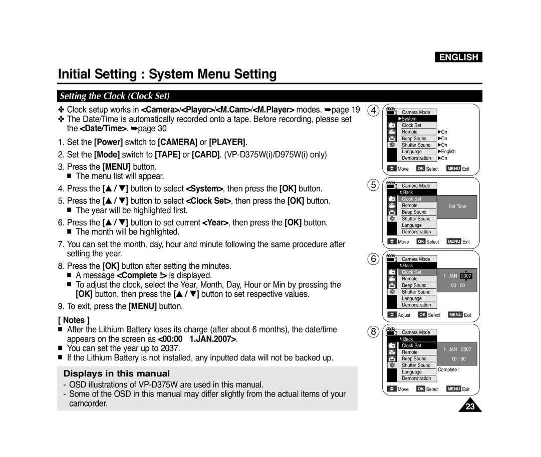 Samsung D371W(i) Initial Setting System Menu Setting, Displays in this manual, Setting the Clock Clock Set, English 