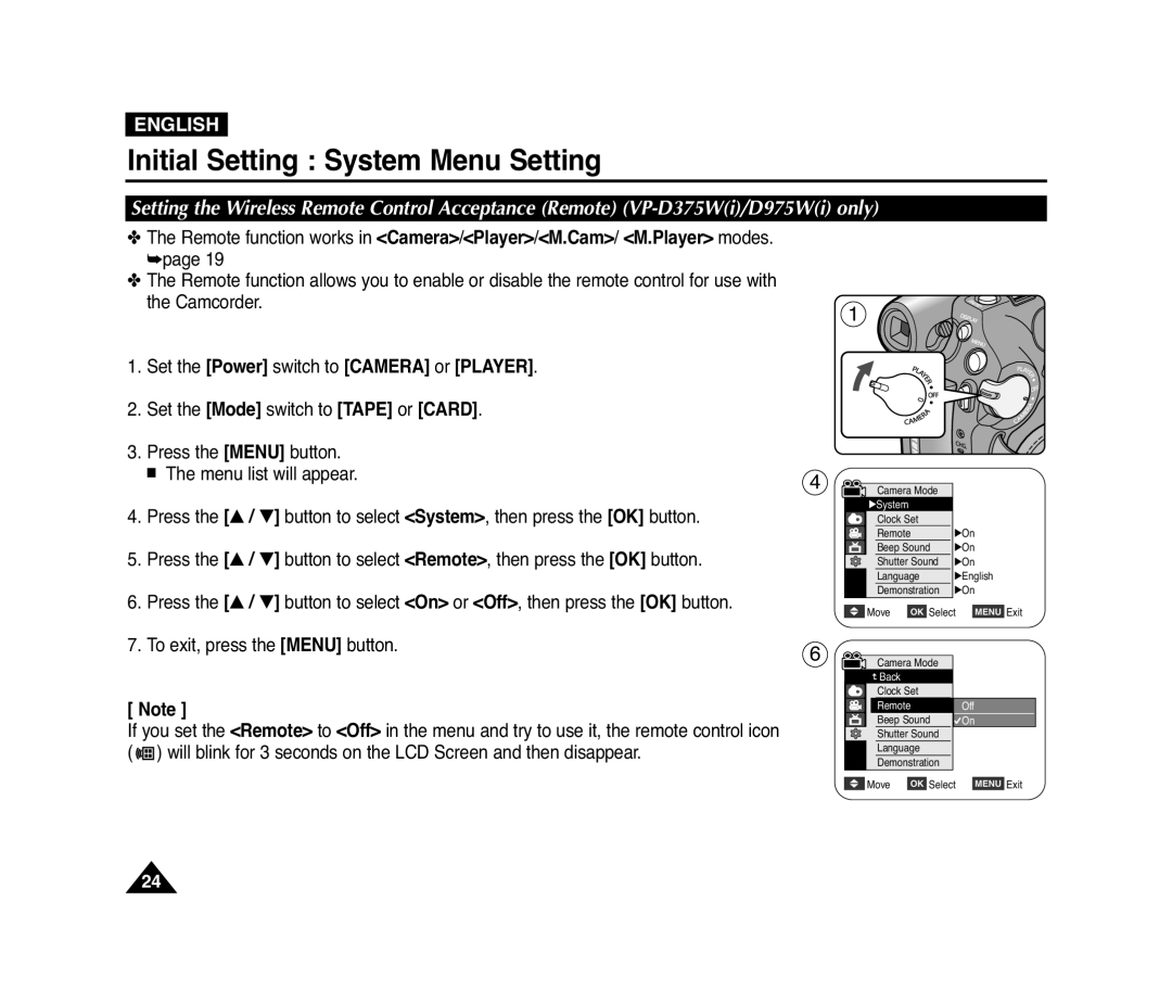 Samsung VP-D371(i), D975W(i) manual Initial Setting System Menu Setting, English, Set the Power switch to CAMERA or PLAYER 