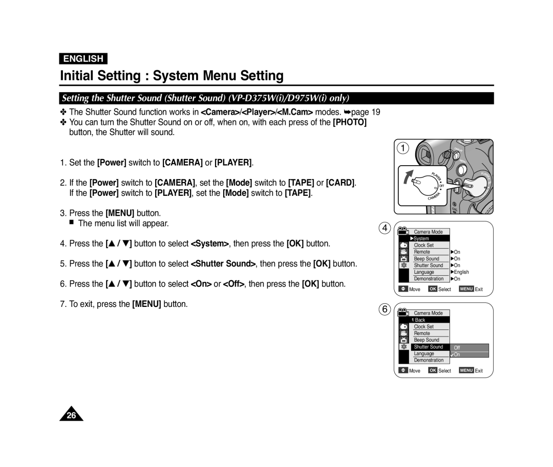 Samsung D372WH(i) manual Setting the Shutter Sound Shutter Sound VP-D375Wi/D975Wi only, Initial Setting System Menu Setting 