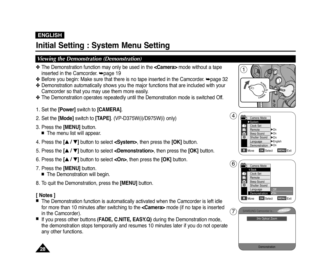 Samsung VP-D371(i), D975W(i) manual Viewing the Demonstration Demonstration, Initial Setting System Menu Setting, English 