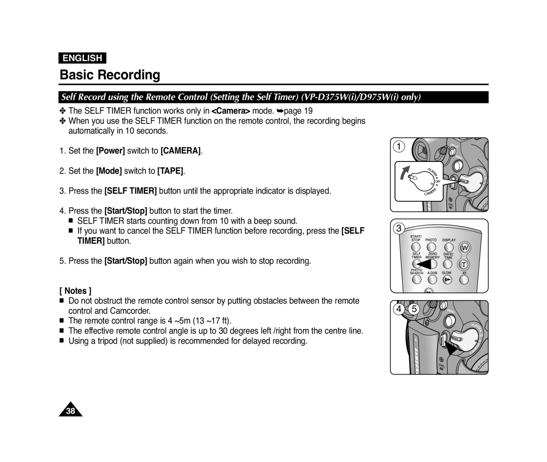 Samsung D372WH(i), VP-D371(i), D975W(i) Basic Recording, English, The SELF TIMER function works only in Camera mode. page 