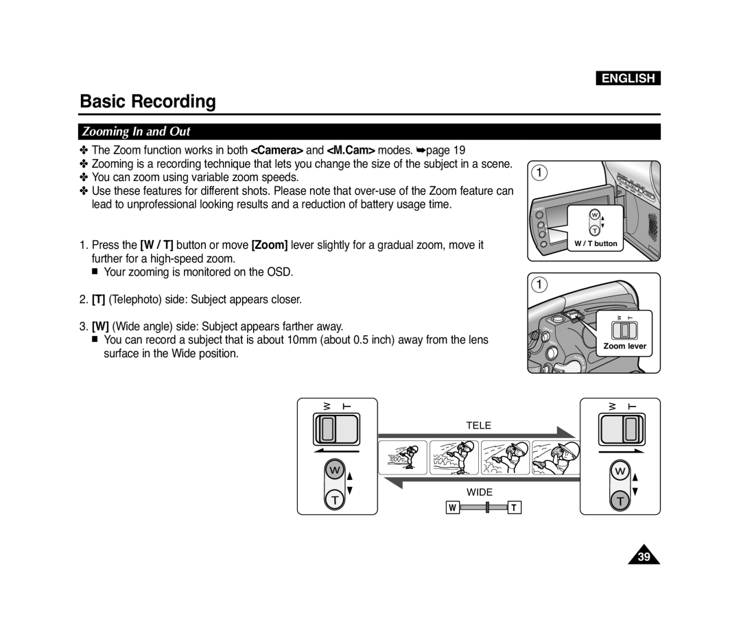 Samsung D371W(i), VP-D371(i), D975W(i), D372WH(i) manual Zooming In and Out, Basic Recording, English 