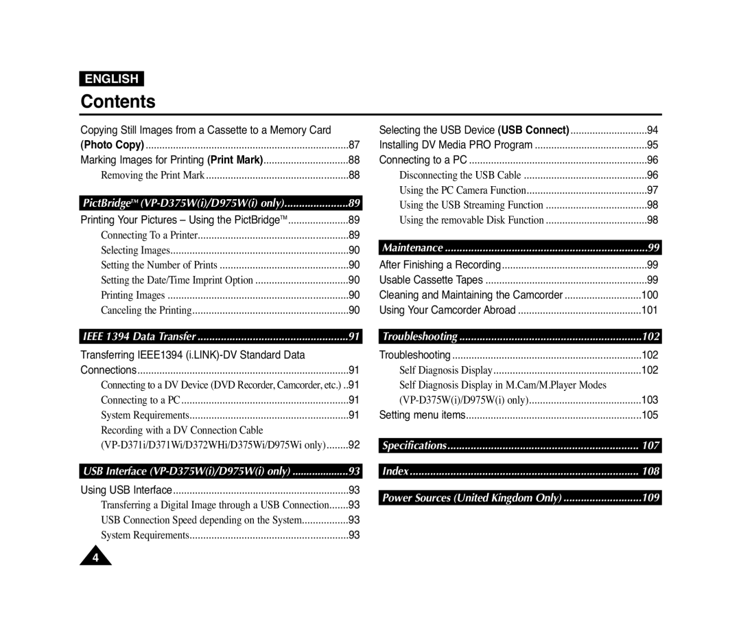 Samsung VP-D371(i) Contents, English, Copying Still Images from a Cassette to a Memory Card, Maintenance, Troubleshooting 