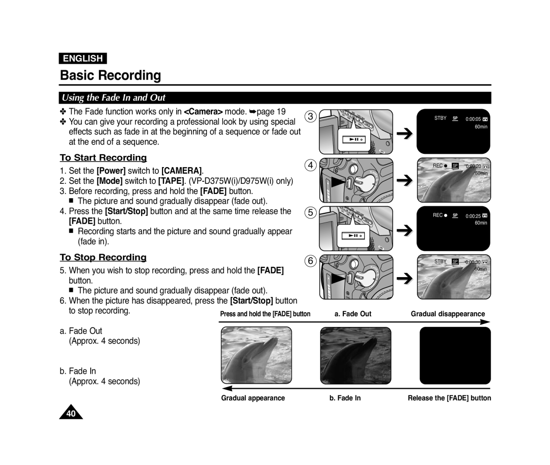 Samsung VP-D371(i), D975W(i) To Start Recording, To Stop Recording, Using the Fade In and Out, Basic Recording, English 