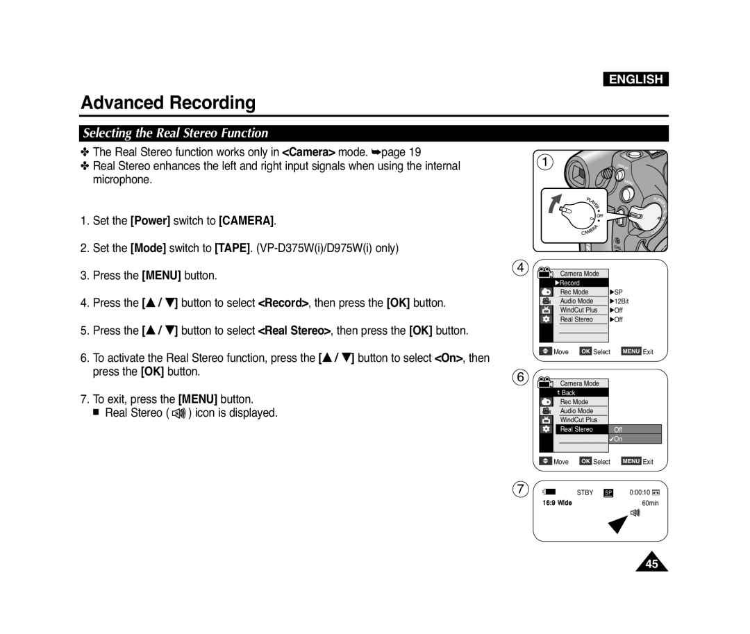 Samsung D975W(i), VP-D371(i), D372WH(i), D371W(i) manual Selecting the Real Stereo Function, Advanced Recording, English 