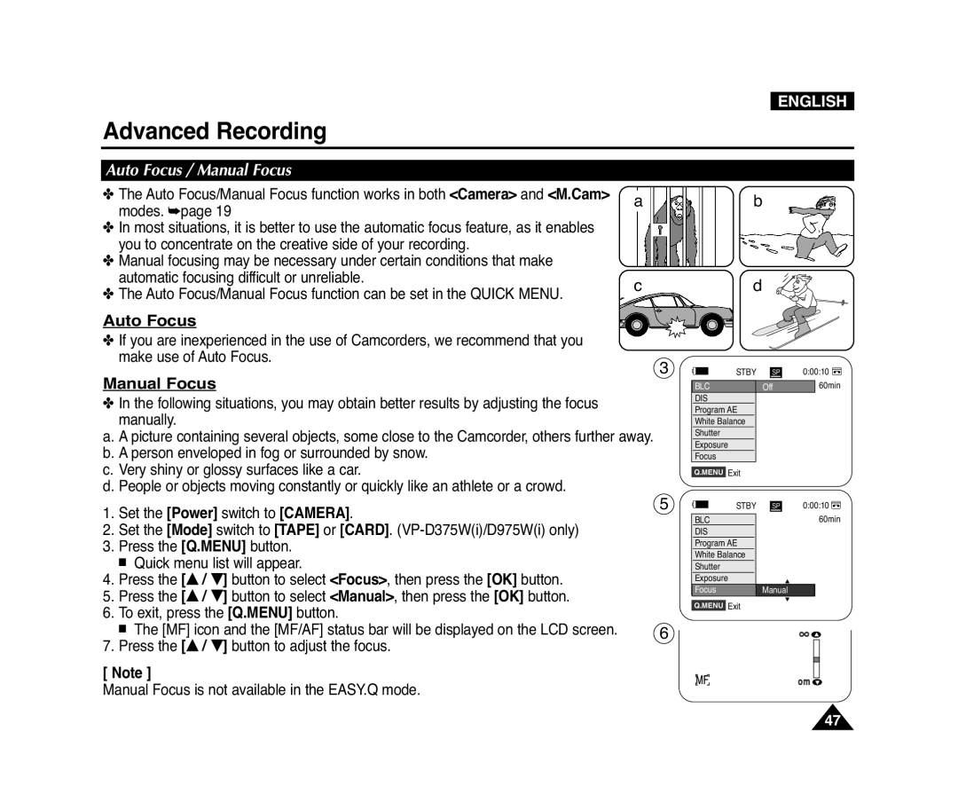 Samsung D371W(i), VP-D371(i), D975W(i), D372WH(i) manual Auto Focus / Manual Focus, Advanced Recording, English 