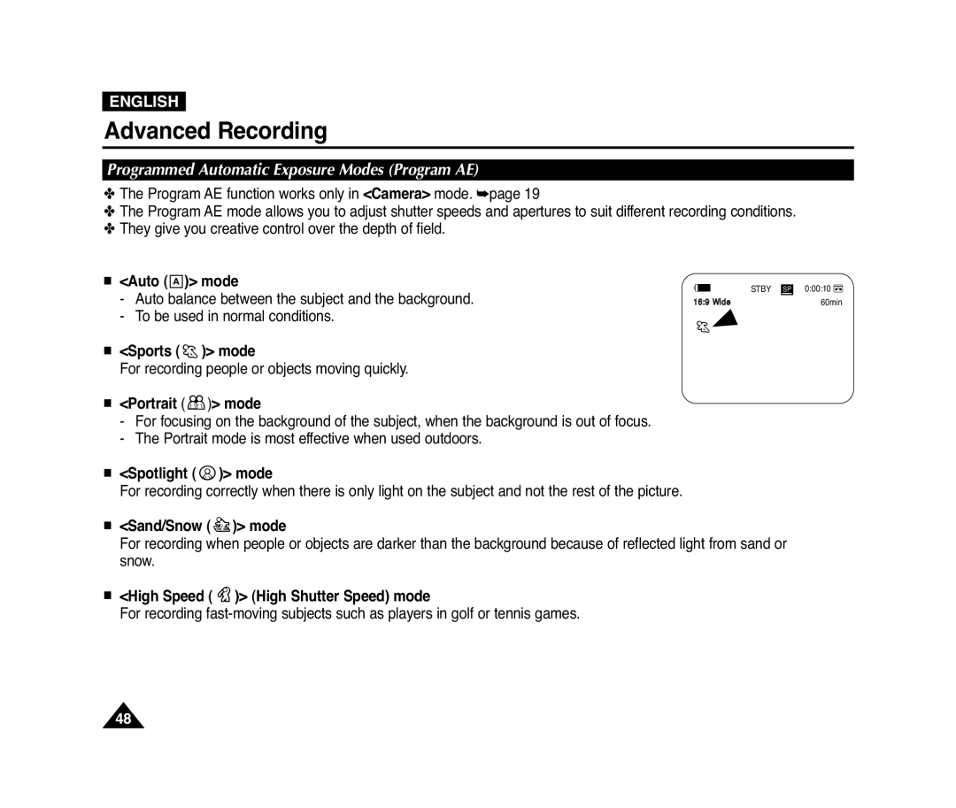 Samsung VP-D371(i) Programmed Automatic Exposure Modes Program AE, Auto balance between the subject and the background 