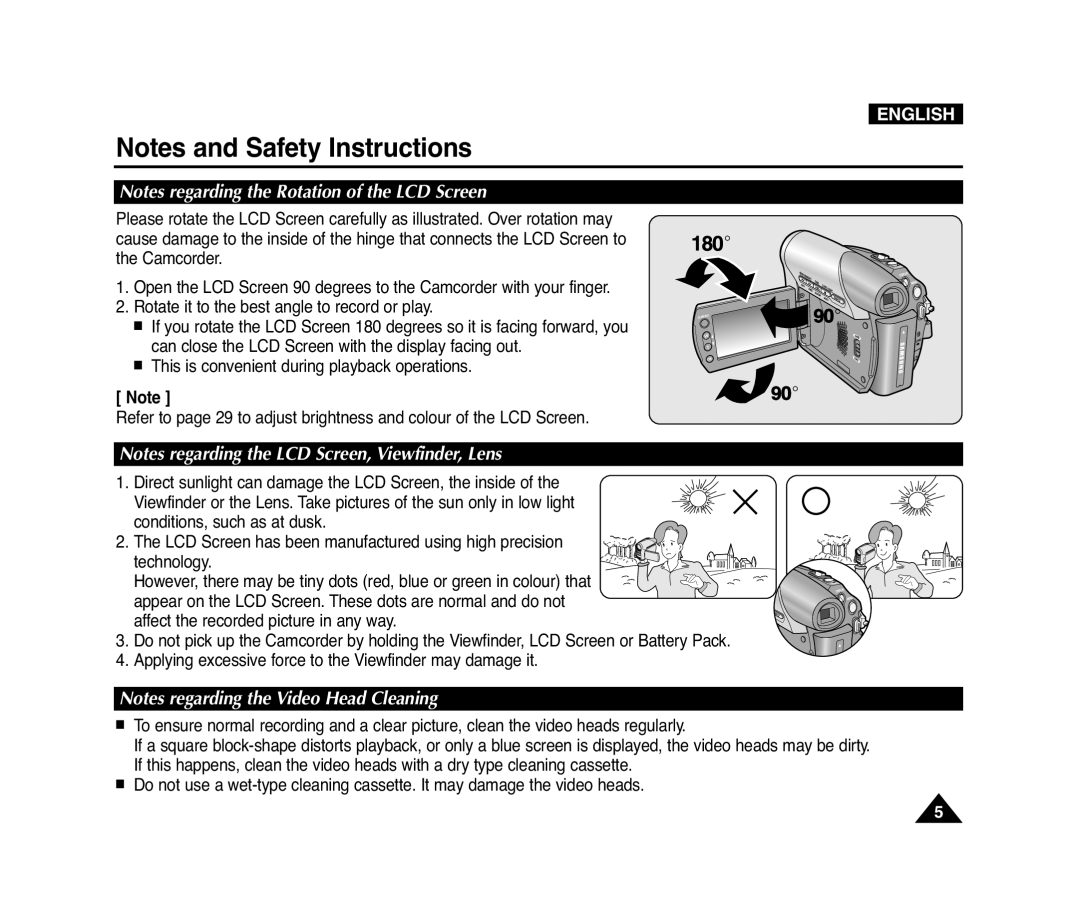 Samsung D975W(i), VP-D371(i) manual Notes and Safety Instructions, Notes regarding the Rotation of the LCD Screen, English 