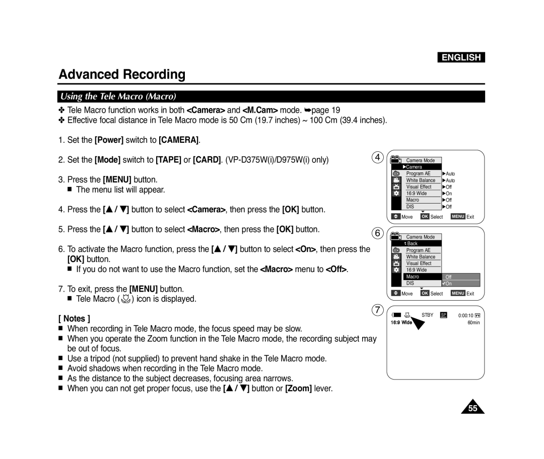Samsung D371W(i), VP-D371(i), D975W(i), D372WH(i) manual Using the Tele Macro Macro, Advanced Recording, English 
