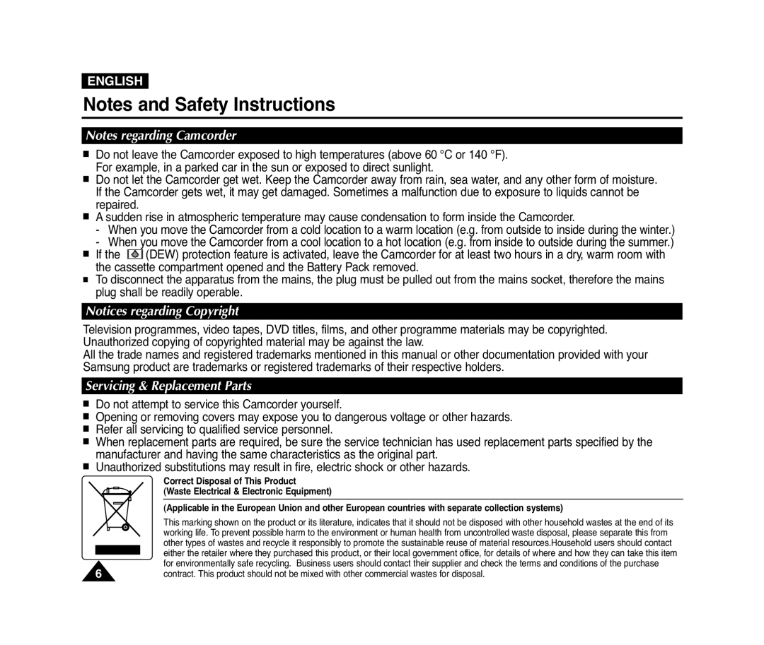 Samsung D372WH(i), D975W(i) Notes regarding Camcorder, Notices regarding Copyright, Servicing & Replacement Parts, English 