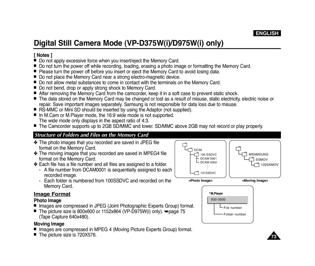 Samsung D975W(i) manual Image Format, Structure of Folders and Files on the Memory Card, Photo Image, Moving Image, English 