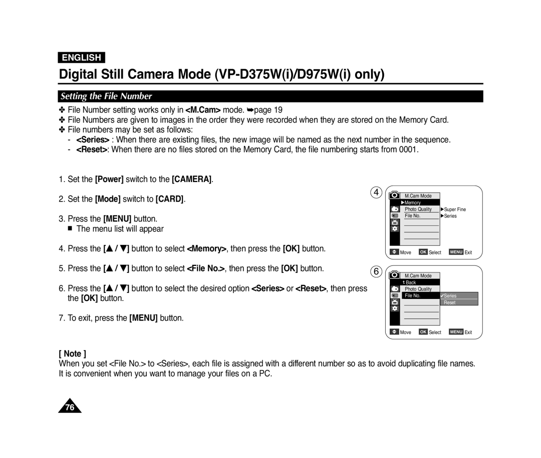 Samsung VP-D371(i), D975W(i), D372WH(i) Setting the File Number, Digital Still Camera Mode VP-D375Wi/D975Wi only, English 