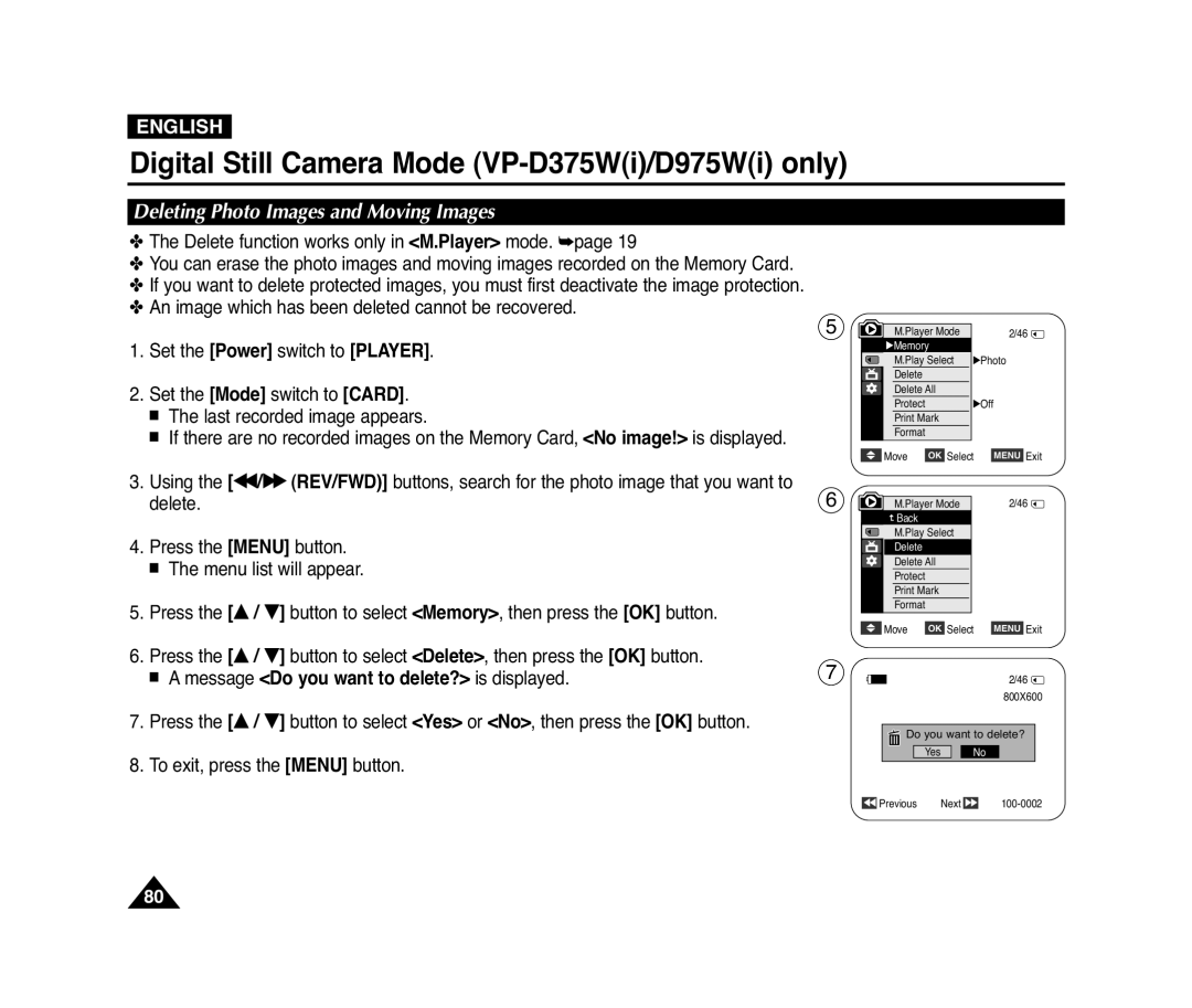 Samsung VP-D371(i) manual Deleting Photo Images and Moving Images, A message Do you want to delete? is displayed, English 