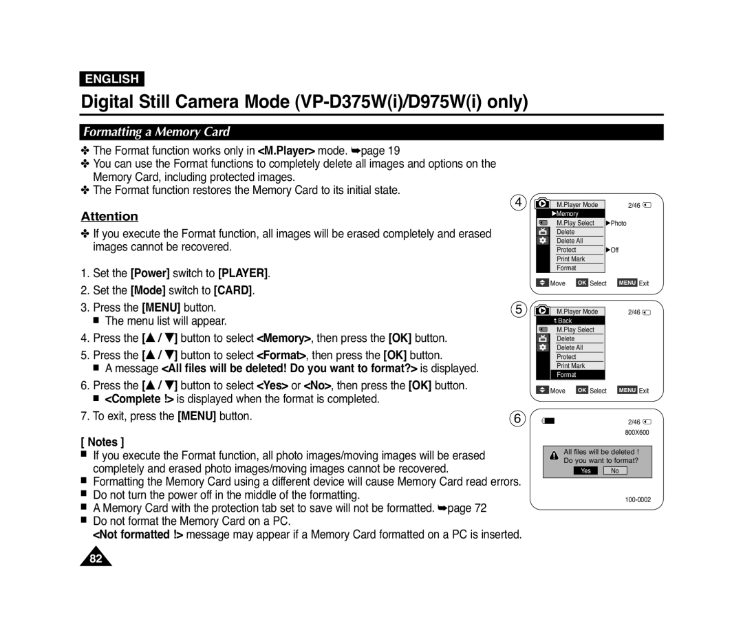 Samsung D372WH(i), VP-D371(i), D975W(i) Formatting a Memory Card, Digital Still Camera Mode VP-D375Wi/D975Wi only, English 