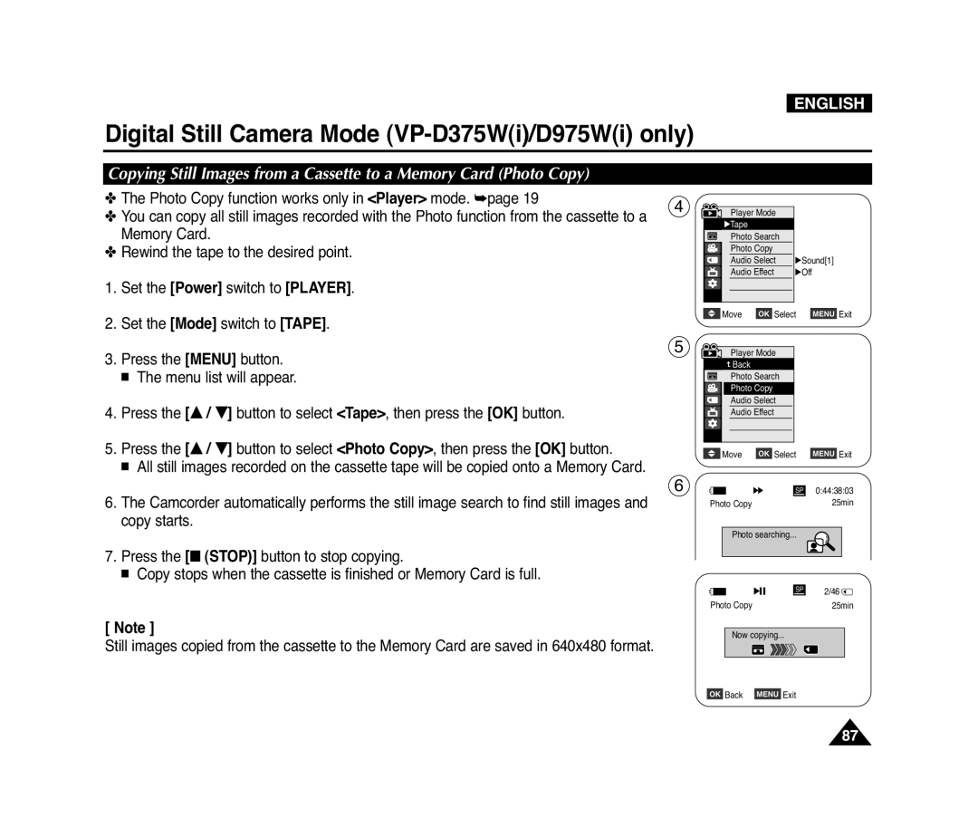 Samsung D371W(i), VP-D371(i), D975W(i), D372WH(i) Copying Still Images from a Cassette to a Memory Card Photo Copy, English 