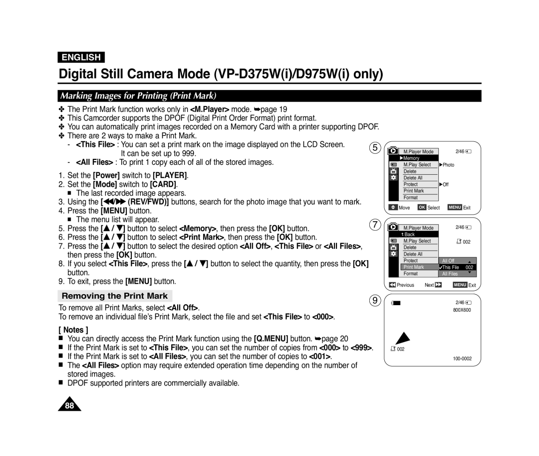 Samsung VP-D371(i), D975W(i), D372WH(i), D371W(i) Removing the Print Mark, Marking Images for Printing Print Mark, English 
