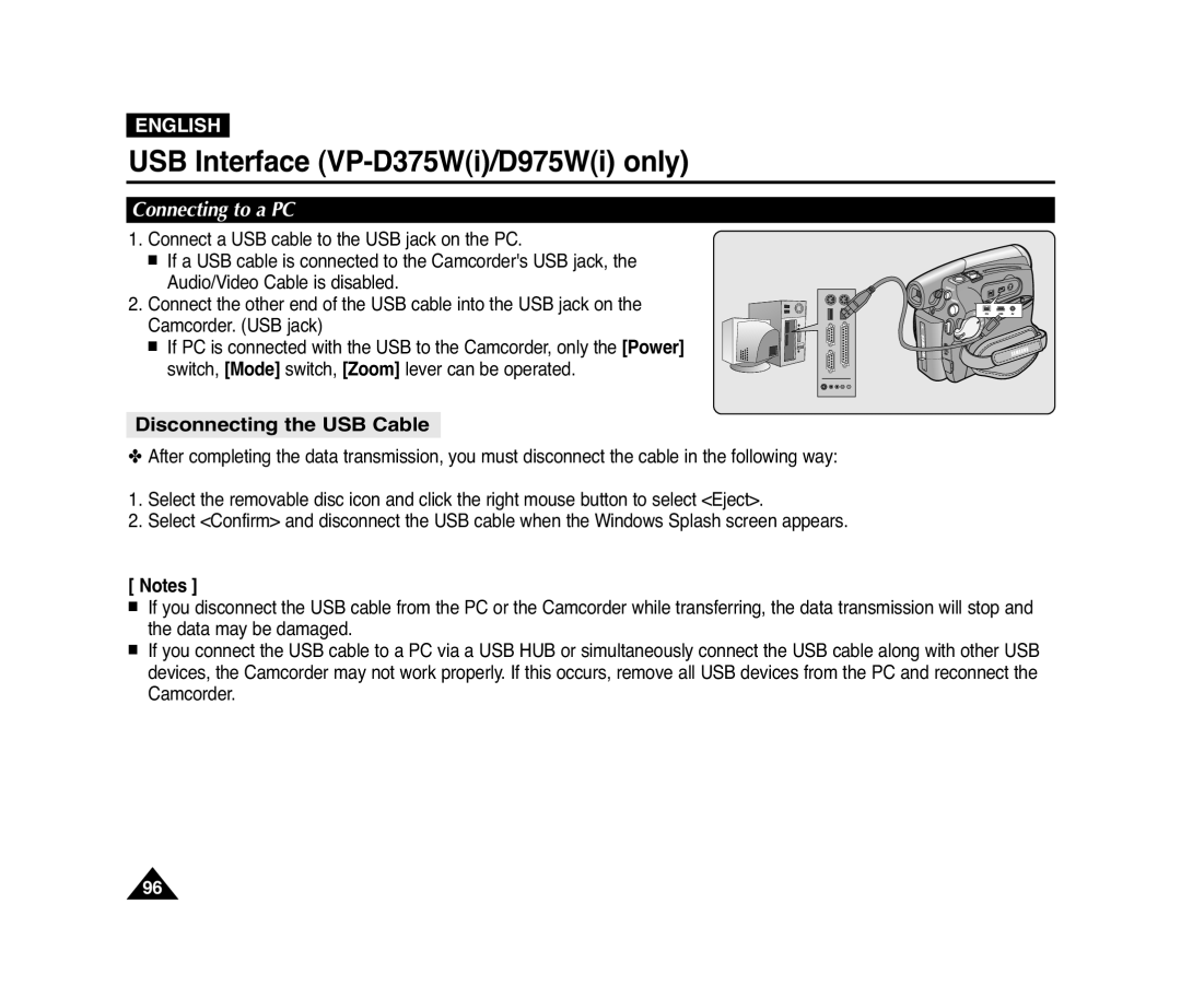 Samsung VP-D371(i), D975W(i) Disconnecting the USB Cable, Connecting to a PC, USB Interface VP-D375Wi/D975Wi only, English 