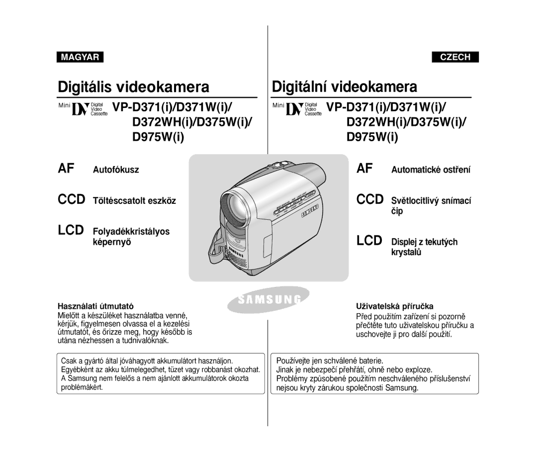 Samsung VP-D371/XEO, VP-D371W/XEO, VP-D375W/XEO manual Digitális videokamera 