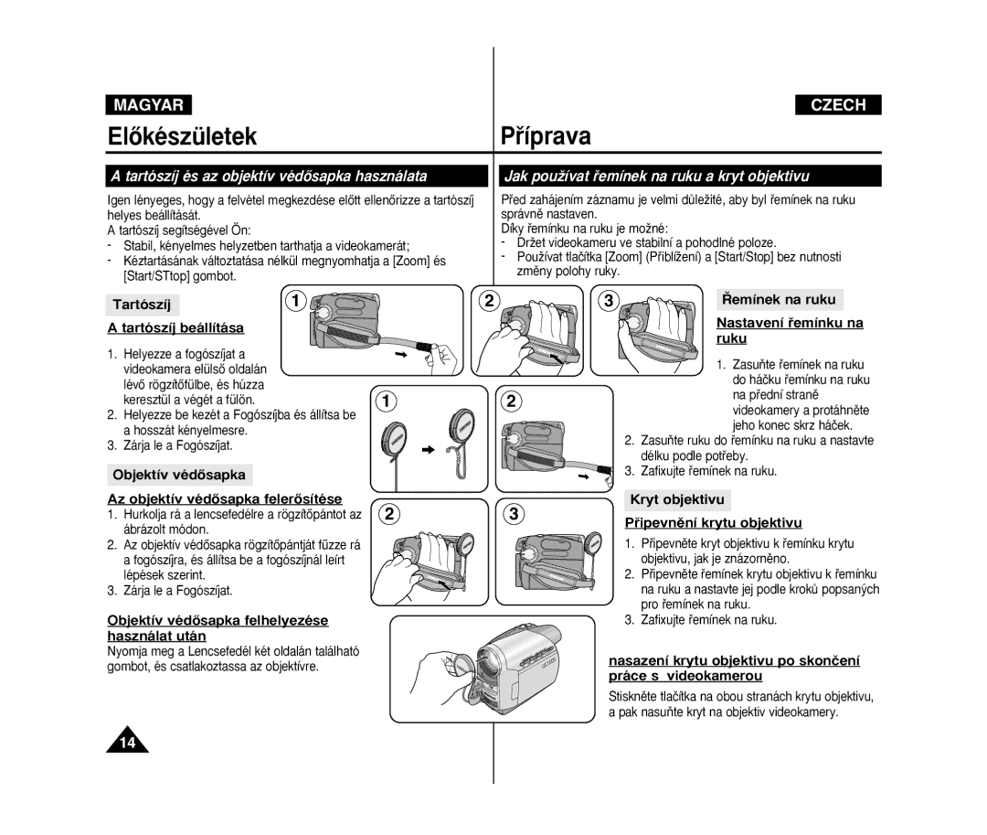 Samsung VP-D375W/XEO, VP-D371W/XEO, VP-D371/XEO manual ElŒkészületekPﬁíprava, Tartószíj és az objektív védŒsapka használata 