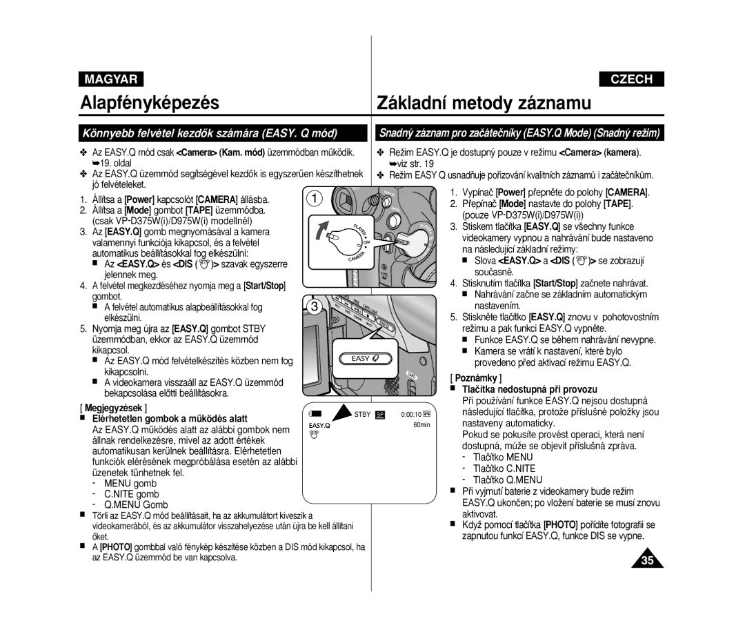 Samsung VP-D375W/XEO, VP-D371W/XEO manual Könnyebb felvétel kezdŒk számára EASY. Q mód, Tlaãítka nedostupná pﬁi provozu 