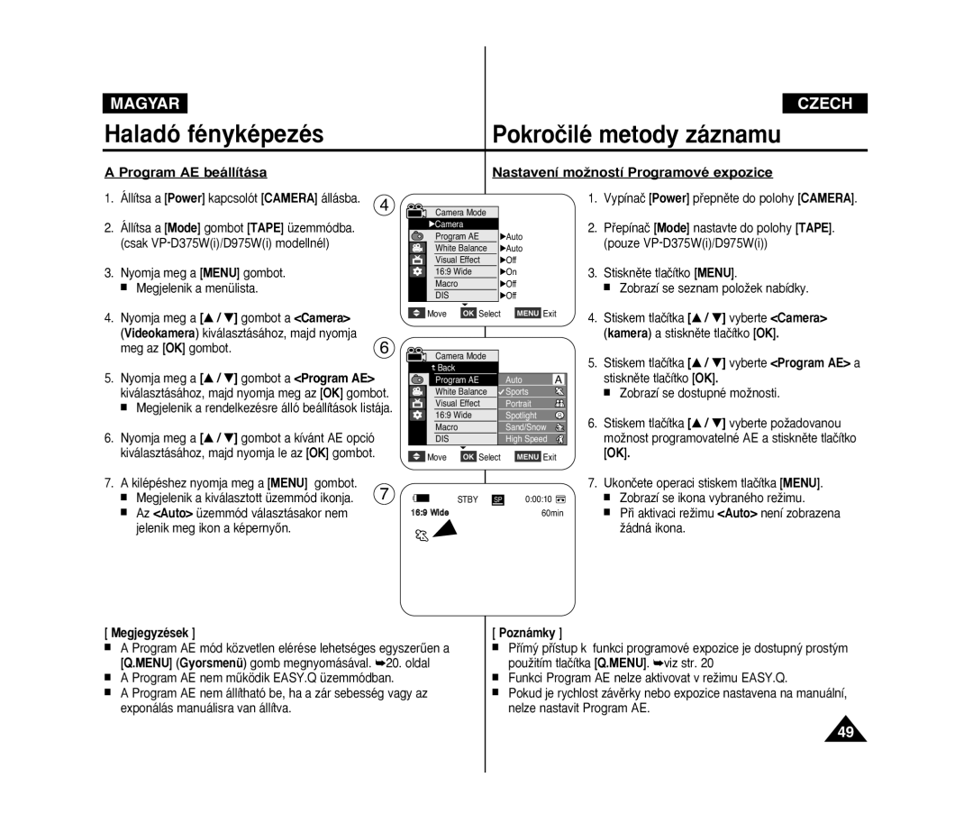 Samsung VP-D371/XEO, VP-D371W/XEO, VP-D375W/XEO manual Program AE beállítása Nastavení moÏností Programové expozice 