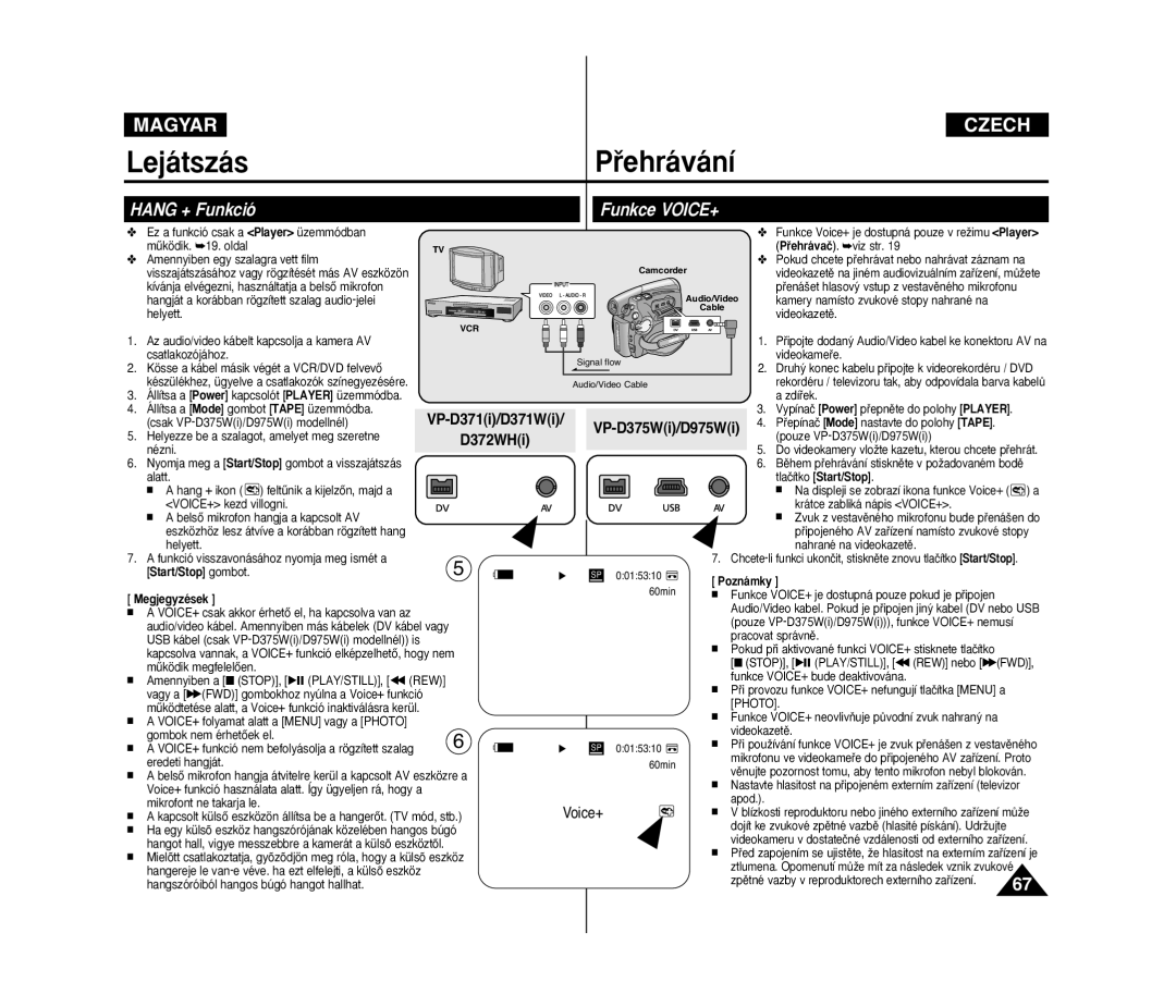 Samsung VP-D371/XEO, VP-D371W/XEO, VP-D375W/XEO manual Hang + Funkció, VP-D371i/D371Wi VP-D375Wi/D975Wi 